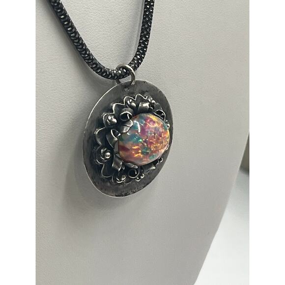 Sterling Silver Vintage Fire Opal Pendant Brooch Necklace Hecho En Mexico 22g - Picture 9 of 15